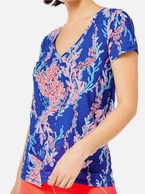 Lilly Pulitzer Top Women's M Blue Etta V-Neck Cotton Borealis Swim On Over Tee